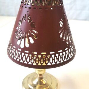 1970s Brass Candle Lamp Maroon Pierced Metal Floral Shade 7.5" Made in Taiwan